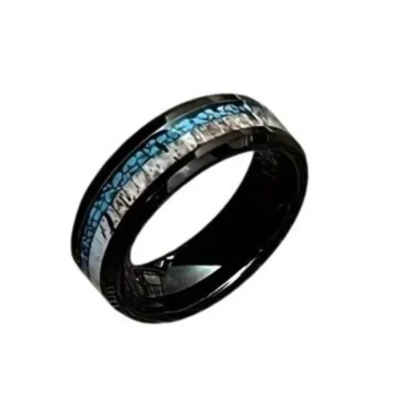 Tungsten Steel Carbide Crushed Turquoise & Deer Antler Center statement Ring
